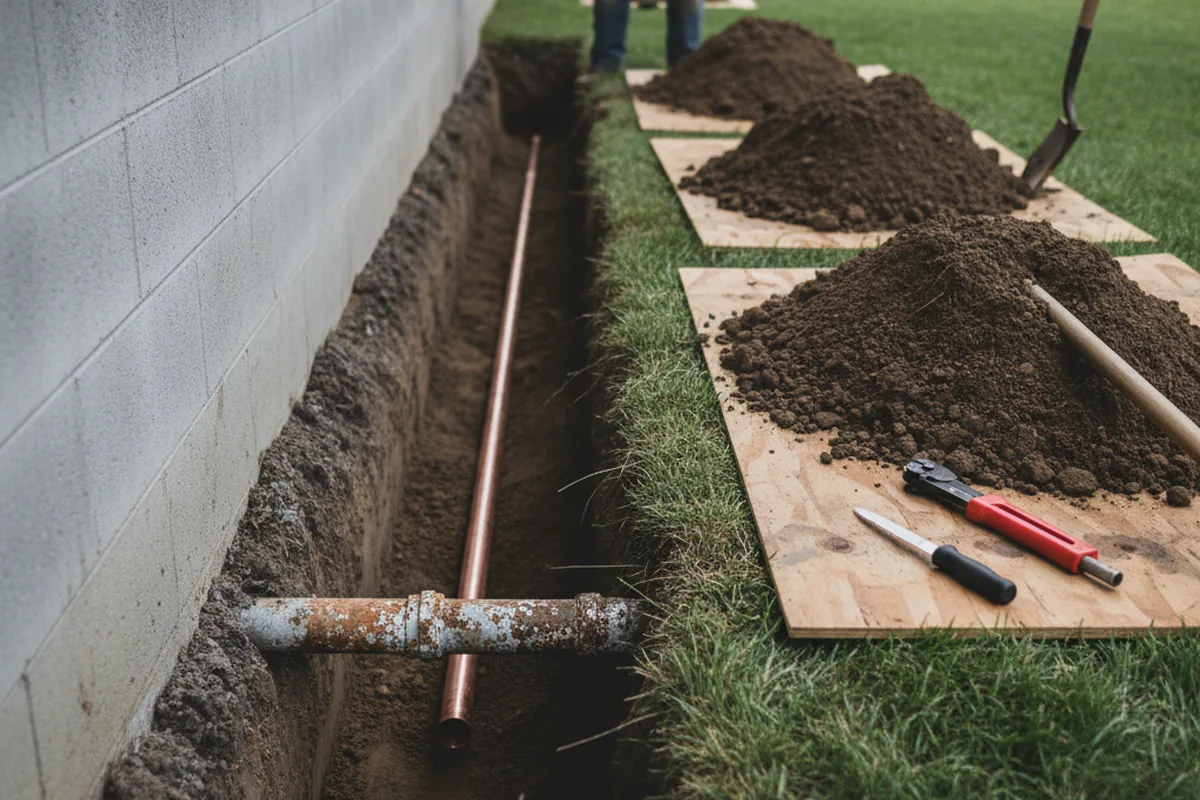 Excavated water line trench during Water Softener Installation in Letona